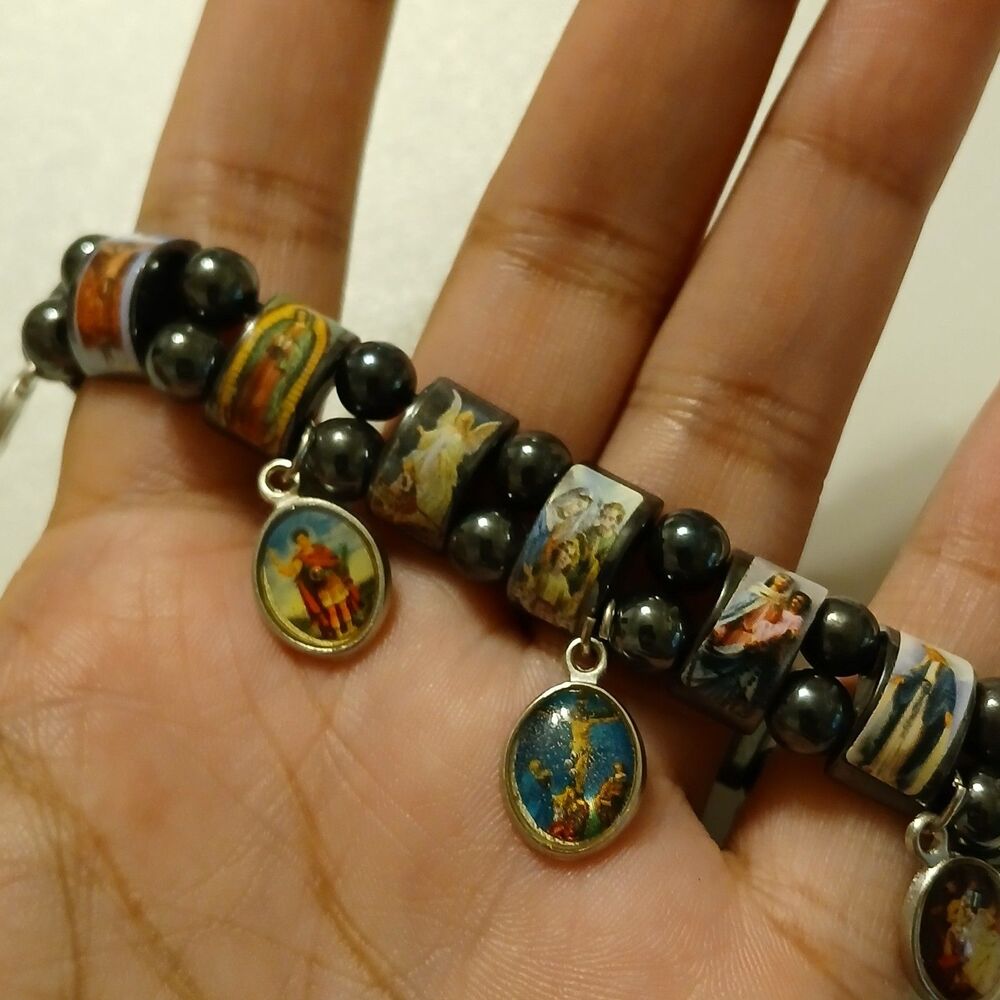 VTG Hematite Religious Icon Tile Bracelet Catholic Saints Charms Cross Stretchy - Picture 6 of 8